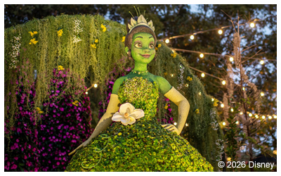 Image of a topiary of Princess Tiana with hanging lights.