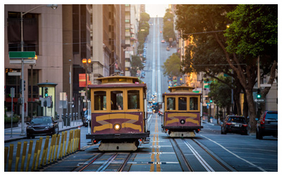 Trolleys navigating San Francisco